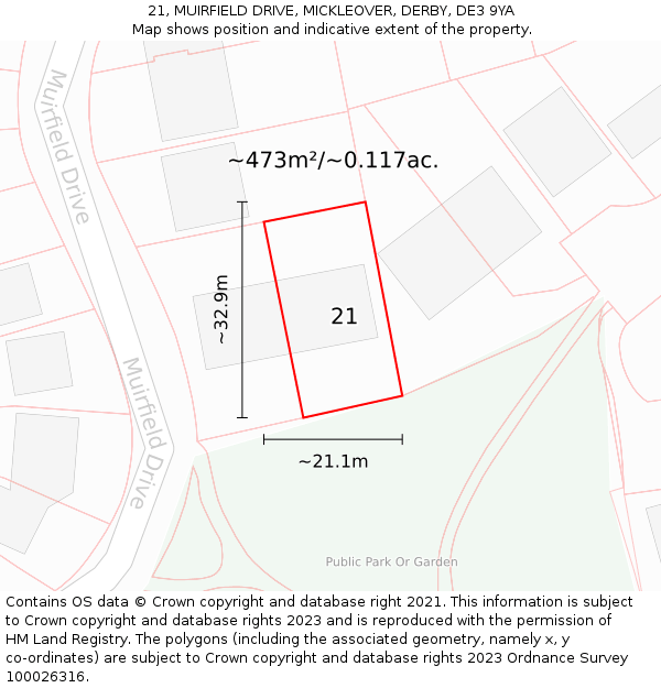21, MUIRFIELD DRIVE, MICKLEOVER, DERBY, DE3 9YA: Plot and title map
