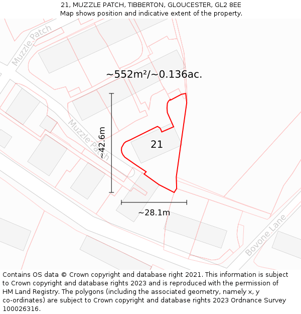 21, MUZZLE PATCH, TIBBERTON, GLOUCESTER, GL2 8EE: Plot and title map