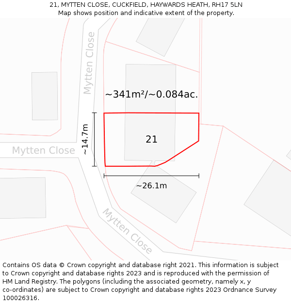 21, MYTTEN CLOSE, CUCKFIELD, HAYWARDS HEATH, RH17 5LN: Plot and title map