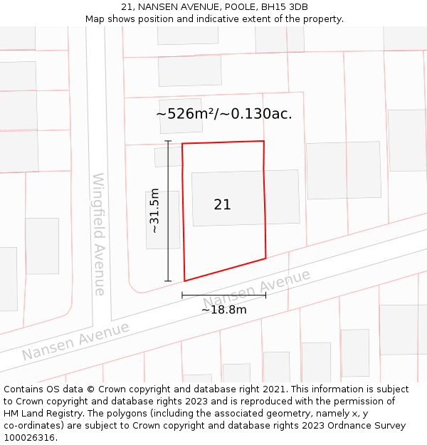 21, NANSEN AVENUE, POOLE, BH15 3DB: Plot and title map