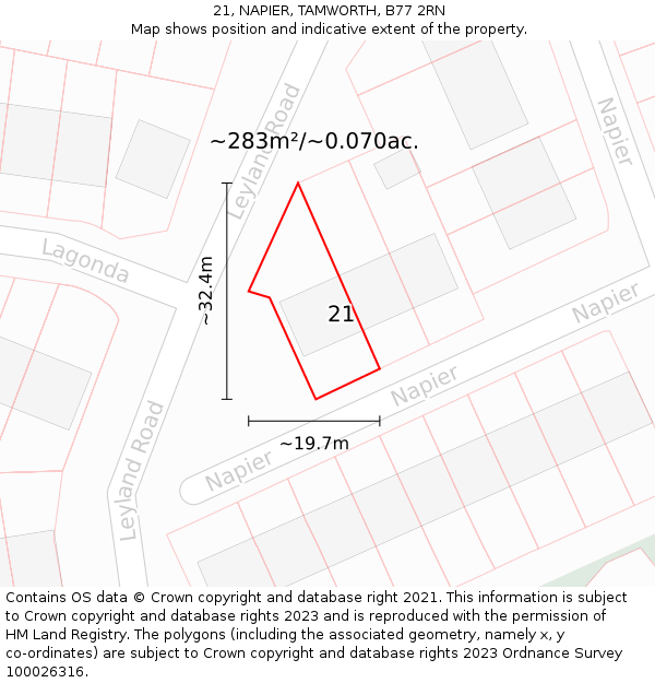 21, NAPIER, TAMWORTH, B77 2RN: Plot and title map