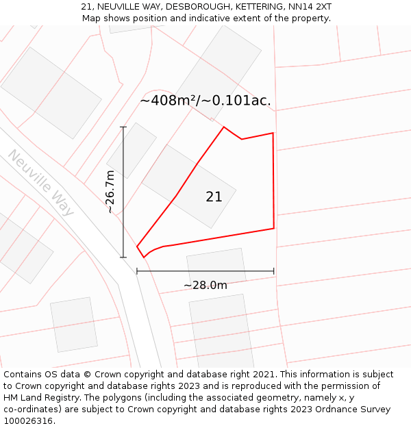 21, NEUVILLE WAY, DESBOROUGH, KETTERING, NN14 2XT: Plot and title map