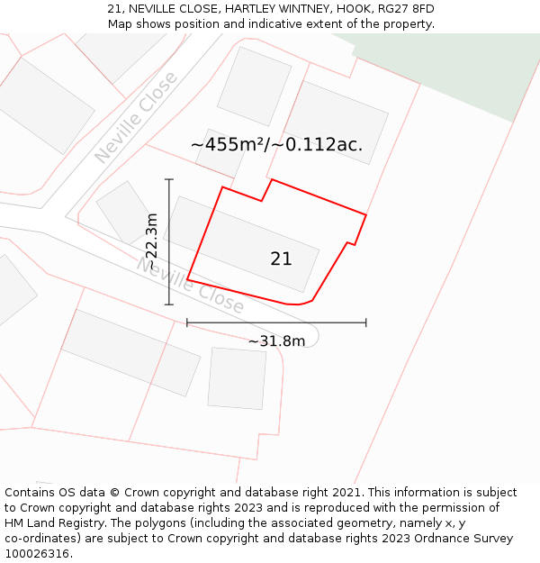 21, NEVILLE CLOSE, HARTLEY WINTNEY, HOOK, RG27 8FD: Plot and title map