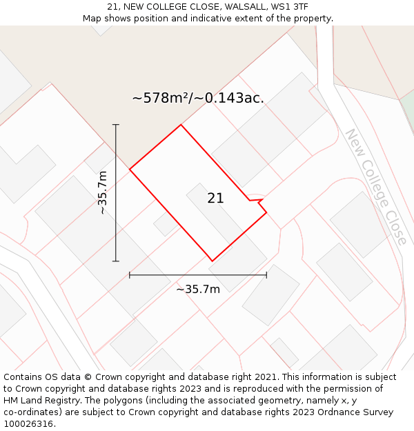 21, NEW COLLEGE CLOSE, WALSALL, WS1 3TF: Plot and title map