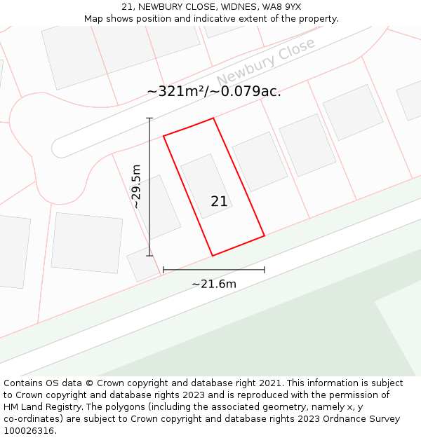 21, NEWBURY CLOSE, WIDNES, WA8 9YX: Plot and title map