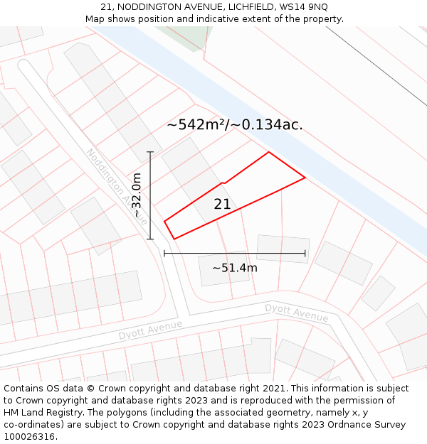 21, NODDINGTON AVENUE, LICHFIELD, WS14 9NQ: Plot and title map