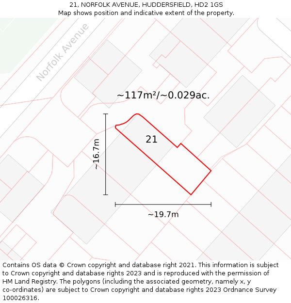 21, NORFOLK AVENUE, HUDDERSFIELD, HD2 1GS: Plot and title map