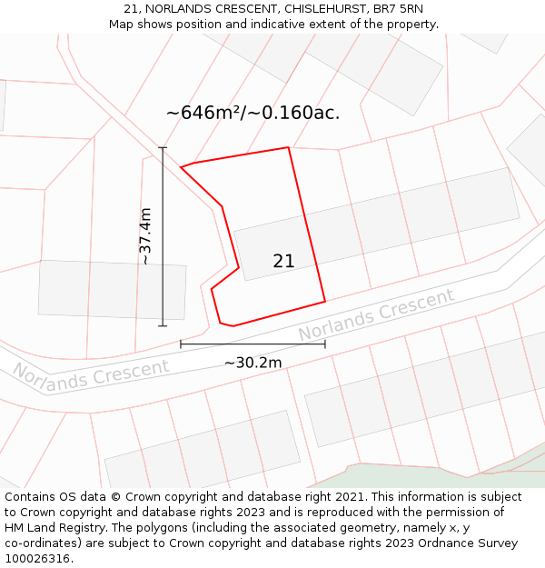 21, NORLANDS CRESCENT, CHISLEHURST, BR7 5RN: Plot and title map