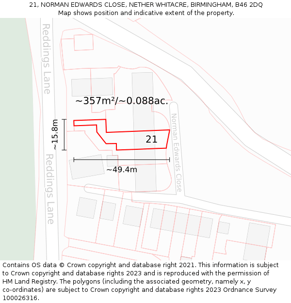 21, NORMAN EDWARDS CLOSE, NETHER WHITACRE, BIRMINGHAM, B46 2DQ: Plot and title map