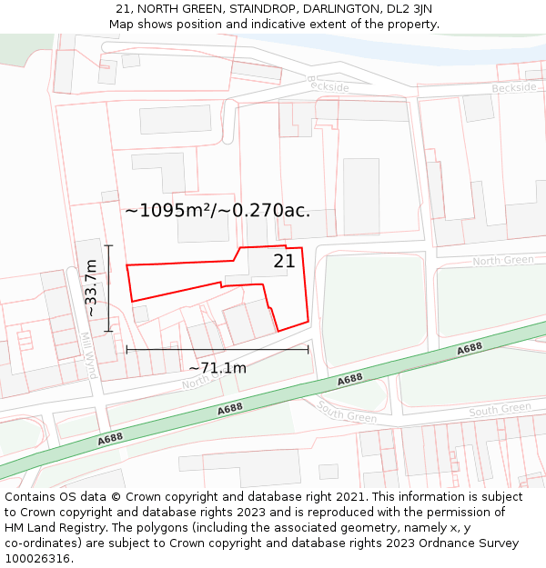 21, NORTH GREEN, STAINDROP, DARLINGTON, DL2 3JN: Plot and title map
