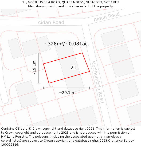 21, NORTHUMBRIA ROAD, QUARRINGTON, SLEAFORD, NG34 8UT: Plot and title map