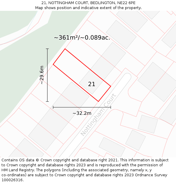 21, NOTTINGHAM COURT, BEDLINGTON, NE22 6PE: Plot and title map