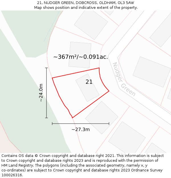 21, NUDGER GREEN, DOBCROSS, OLDHAM, OL3 5AW: Plot and title map