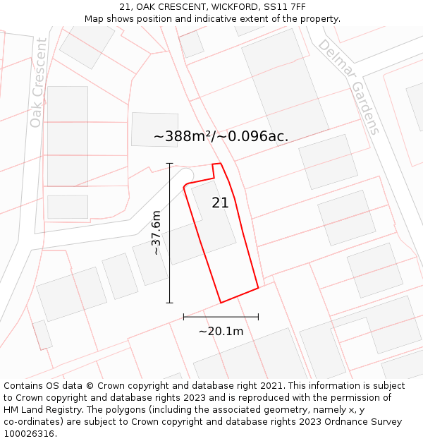 21, OAK CRESCENT, WICKFORD, SS11 7FF: Plot and title map
