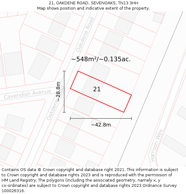 21, OAKDENE ROAD, SEVENOAKS, TN13 3HH: Plot and title map
