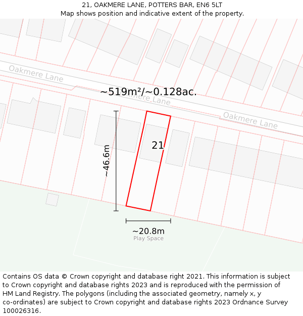 21, OAKMERE LANE, POTTERS BAR, EN6 5LT: Plot and title map