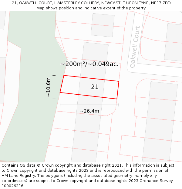 21, OAKWELL COURT, HAMSTERLEY COLLIERY, NEWCASTLE UPON TYNE, NE17 7BD: Plot and title map