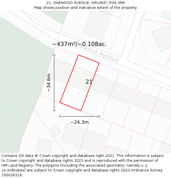 21, OAKWOOD AVENUE, HAVANT, PO9 3RA: Plot and title map