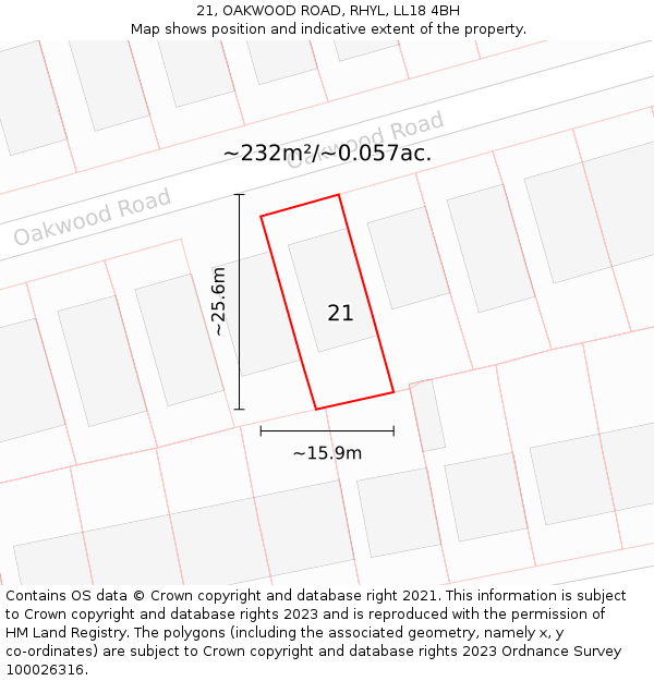 21, OAKWOOD ROAD, RHYL, LL18 4BH: Plot and title map