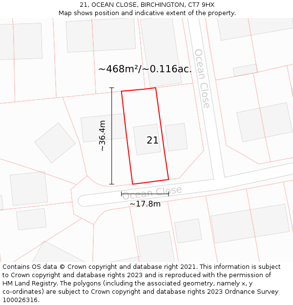 21, OCEAN CLOSE, BIRCHINGTON, CT7 9HX: Plot and title map