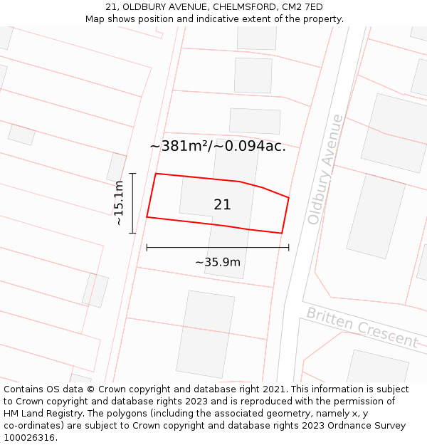 21, OLDBURY AVENUE, CHELMSFORD, CM2 7ED: Plot and title map