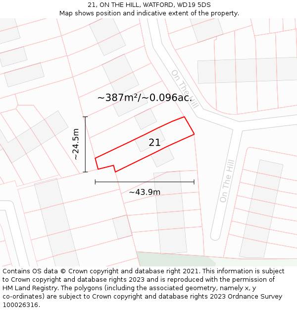 21, ON THE HILL, WATFORD, WD19 5DS: Plot and title map