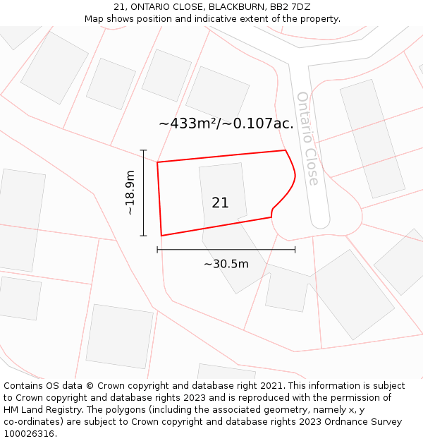 21, ONTARIO CLOSE, BLACKBURN, BB2 7DZ: Plot and title map