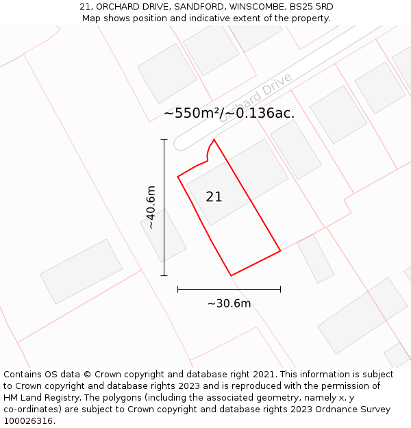 21, ORCHARD DRIVE, SANDFORD, WINSCOMBE, BS25 5RD: Plot and title map