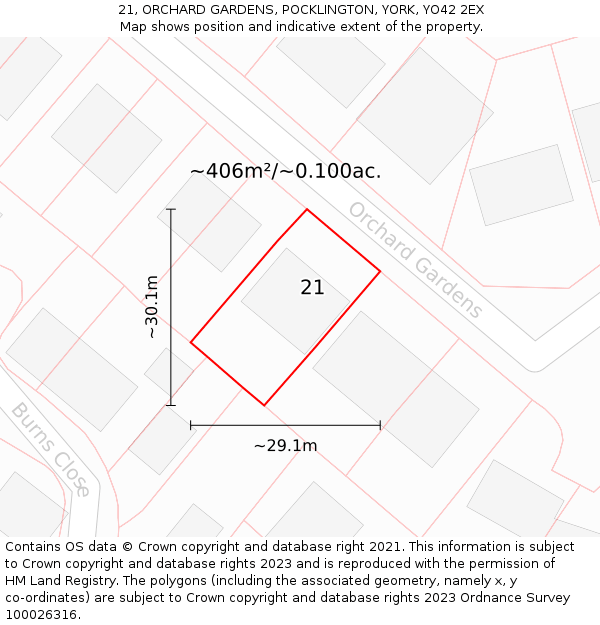 21, ORCHARD GARDENS, POCKLINGTON, YORK, YO42 2EX: Plot and title map