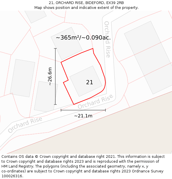 21, ORCHARD RISE, BIDEFORD, EX39 2RB: Plot and title map