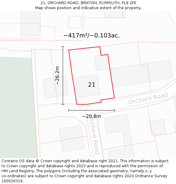 21, ORCHARD ROAD, BRIXTON, PLYMOUTH, PL8 2FE: Plot and title map