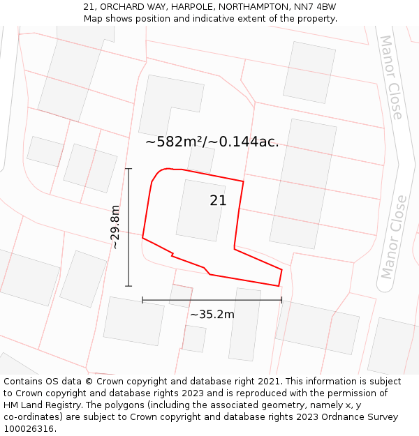 21, ORCHARD WAY, HARPOLE, NORTHAMPTON, NN7 4BW: Plot and title map