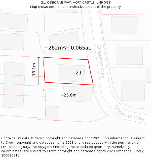 21, OSBORNE WAY, HORNCASTLE, LN9 5GB: Plot and title map