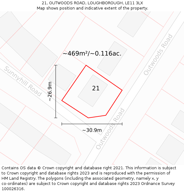 21, OUTWOODS ROAD, LOUGHBOROUGH, LE11 3LX: Plot and title map