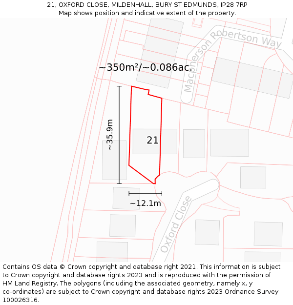 21, OXFORD CLOSE, MILDENHALL, BURY ST EDMUNDS, IP28 7RP: Plot and title map