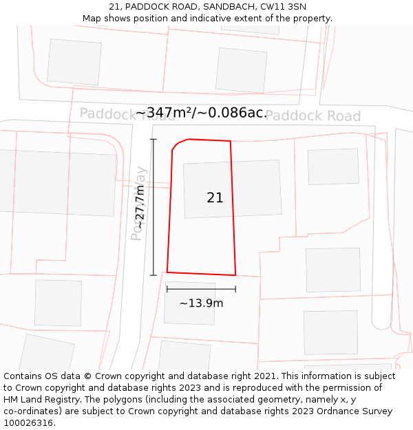 21, PADDOCK ROAD, SANDBACH, CW11 3SN: Plot and title map