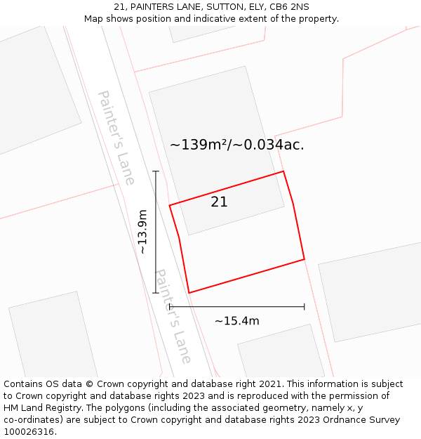 21, PAINTERS LANE, SUTTON, ELY, CB6 2NS: Plot and title map