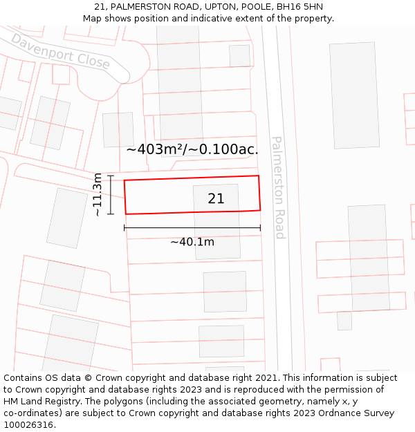 21, PALMERSTON ROAD, UPTON, POOLE, BH16 5HN: Plot and title map