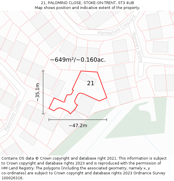 21, PALOMINO CLOSE, STOKE-ON-TRENT, ST3 4UB: Plot and title map