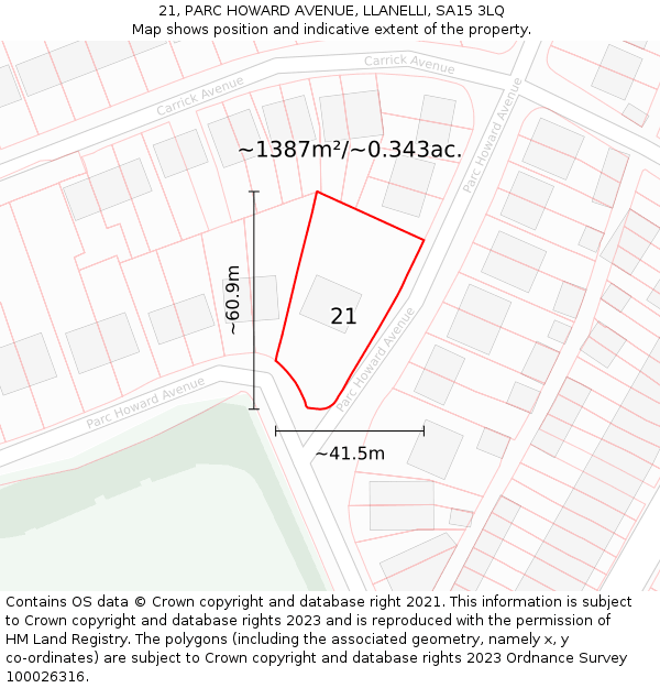 21, PARC HOWARD AVENUE, LLANELLI, SA15 3LQ: Plot and title map