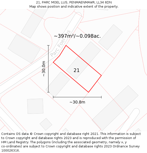 21, PARC MOEL LUS, PENMAENMAWR, LL34 6DN: Plot and title map