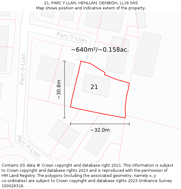 21, PARC Y LLAN, HENLLAN, DENBIGH, LL16 5AS: Plot and title map