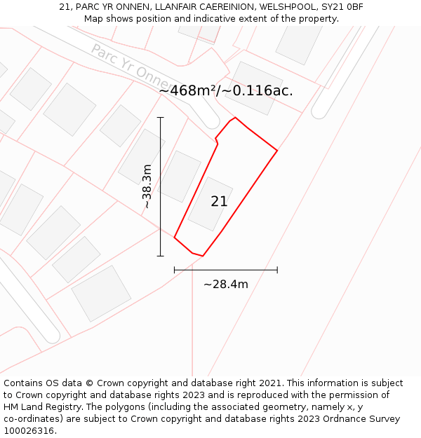 21, PARC YR ONNEN, LLANFAIR CAEREINION, WELSHPOOL, SY21 0BF: Plot and title map