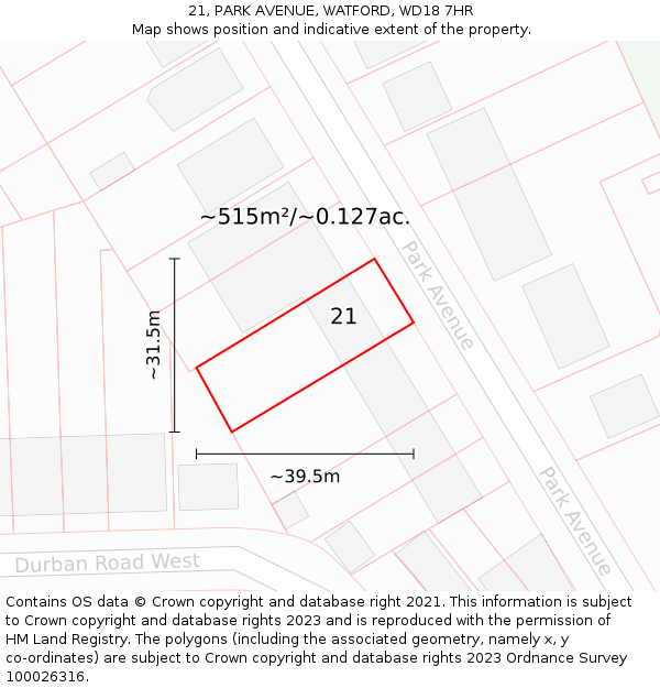 21, PARK AVENUE, WATFORD, WD18 7HR: Plot and title map