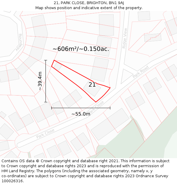 21, PARK CLOSE, BRIGHTON, BN1 9AJ: Plot and title map