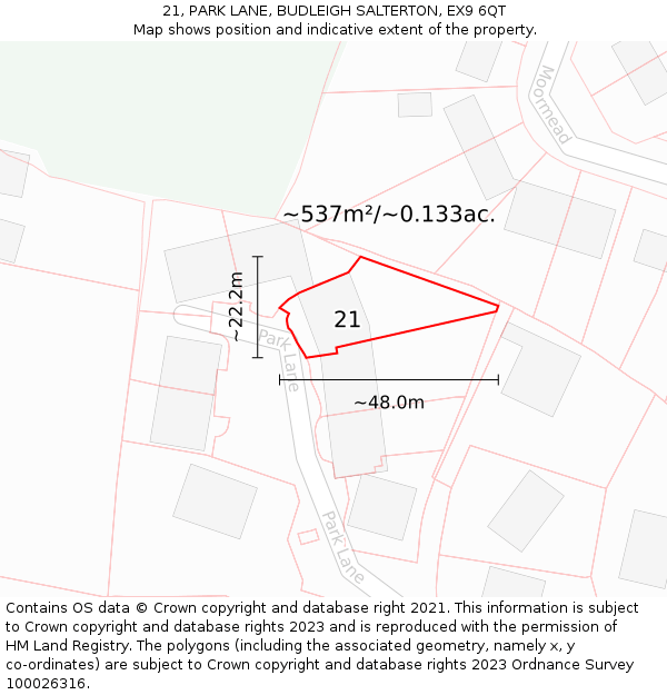 21, PARK LANE, BUDLEIGH SALTERTON, EX9 6QT: Plot and title map