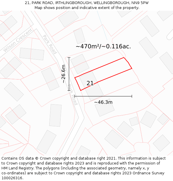 21, PARK ROAD, IRTHLINGBOROUGH, WELLINGBOROUGH, NN9 5PW: Plot and title map