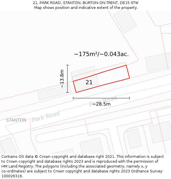 21, PARK ROAD, STANTON, BURTON-ON-TRENT, DE15 9TW: Plot and title map