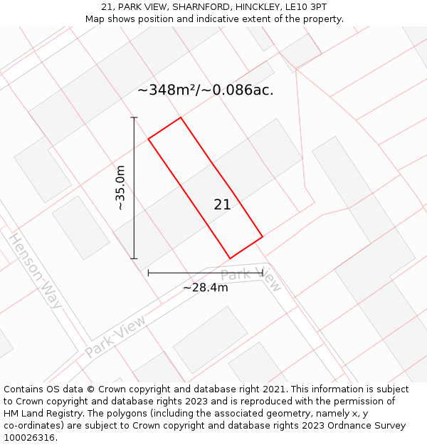 21, PARK VIEW, SHARNFORD, HINCKLEY, LE10 3PT: Plot and title map