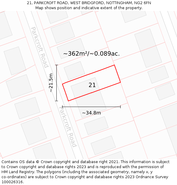 21, PARKCROFT ROAD, WEST BRIDGFORD, NOTTINGHAM, NG2 6FN: Plot and title map